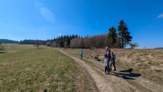 Eine Familie mit Kindern und Hund geht auf einem Weg an einem Berghang spazieren. Im Hintergrund Wald.