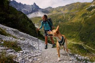 Frau wandert mit Rucksack und Wanderstöcken auf einem schmalen Bergpfad, begleitet von einem mittelgroßen Hund, umgeben von grünen Bergen und steinigen Hängen.