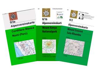 Drei Alpenvereinskarten mit grünen Titelfeldern, die Trekkinggebiete in Cordillera Blanca Nord (Perú), Mount Kenya Nationalpark und Mount Everest Solu Khumbu zeigen. Jede Karte enthält eine kleine Gebietskarte und Angaben zur Maßstabgröße.