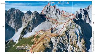 Luftaufnahme einer Berglandschaft mit eingezeichnetem Wander- und Kletterweg, der von der Gruttenhütte zu mehreren markierten Gipfeln führt.