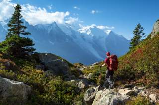 Wanderer mit rotem Rucksack läuft auf einem felsigen Bergpfad, umgeben von grüner Vegetation, mit schneebedeckten Bergen und blauem Himmel im Hintergrund.