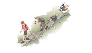 Karikatur von vier Wanderern, die hintereinander einen steinigen Pfad entlanggehen, wobei jeder Wanderer weiter hinten mehr Schwierigkeiten hat und der letzte stürzt.