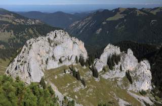 Felsige Bergformation mit vereinzelt wachsenden Nadelbäumen, umgeben von bewaldeten Hügeln unter klarem Himmel.