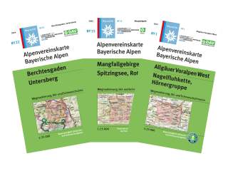 Drei grüne Alpenvereinskarten der Bayerischen Alpen mit den Titeln Berchtesgaden Untersberg, Mangfallgebirge Spitzingsee Rot und Allgäuer Voralpen West Nagelfluhkette Hörnergruppe, jeweils mit Kartenausschnitt und Logos des Deutschen Alpenvereins.